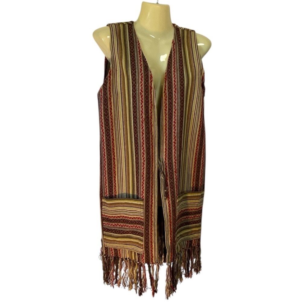 Zig Zag Cardigan Vest Duster Fringe 100% Cotton Boho Western Multicolor Striped